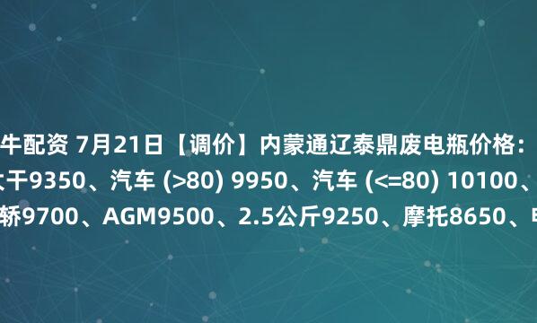旺牛配资 7月21日【调价】内蒙通辽泰鼎废电瓶价格：电动混装9850、大干9350、汽车 (>80) 9950、汽车 (<=80) 10100、高板10000、电轿9700、AGM9500、2.5公斤9250、摩托8650、电子秤6000。（单位：元/吨）（2025年7月28日前到公司卸完车加100元/吨）